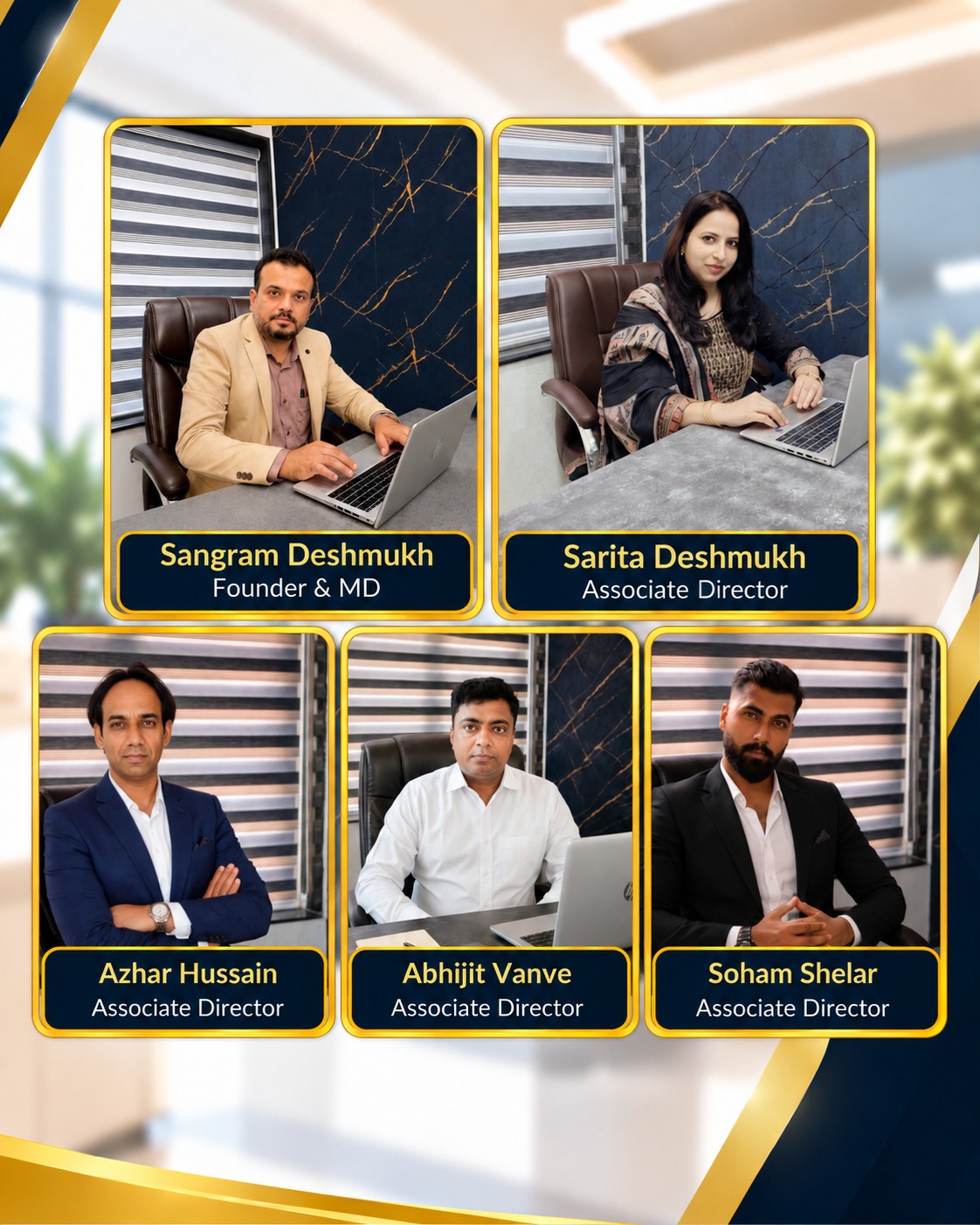 Growmore Financial Advisors team — Sangram Deshmukh (Founder & MD), Sarita Deshmukh, Azhar Hussain, Abhijeet Vanve and Soham Shelar (Associate Directors)