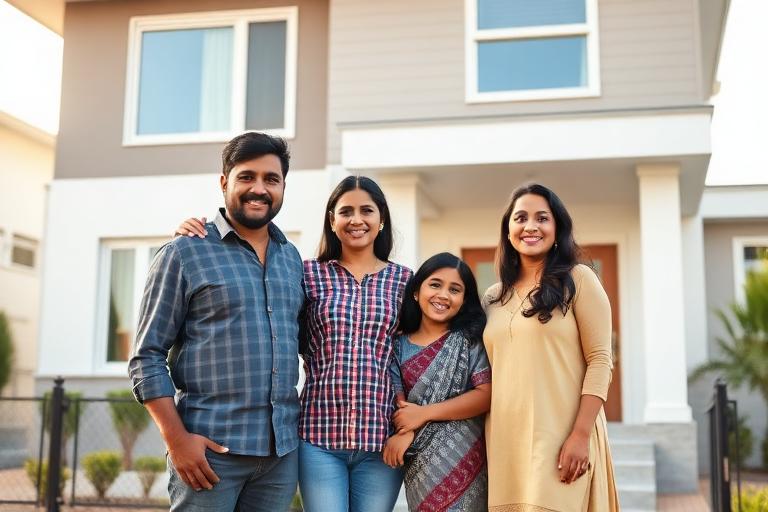 Family in front of their new home — housing loan